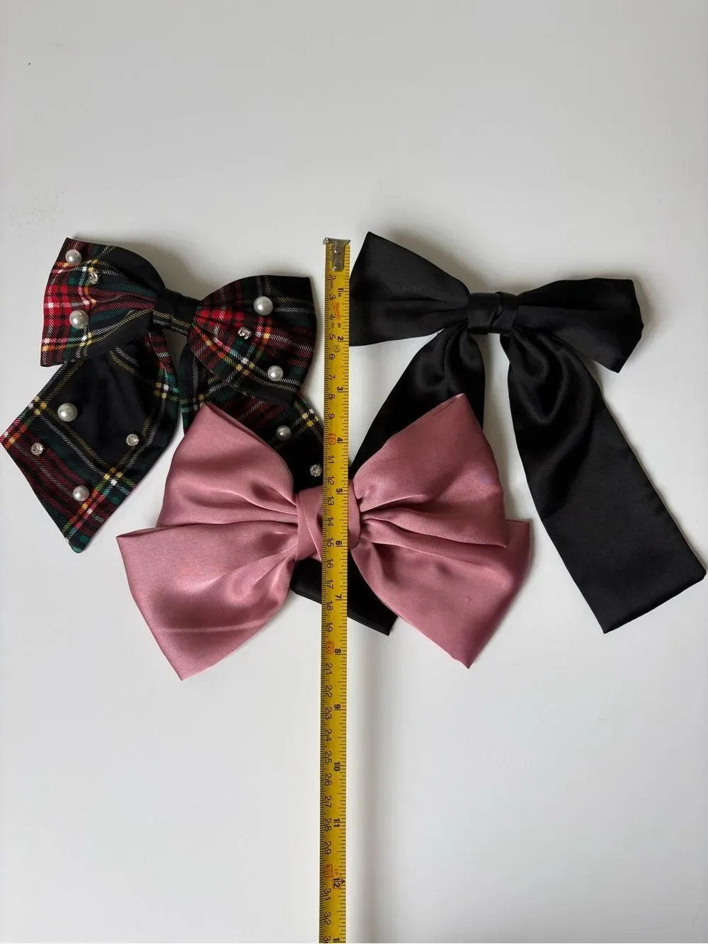 J. Crew Handmade Kids Bow Trio - Pink Satin, Black Satin & Tartan Pearl